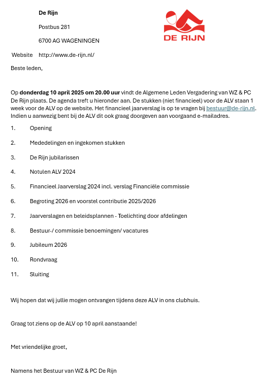 ALV 10 april 2025 - 20.00 uur